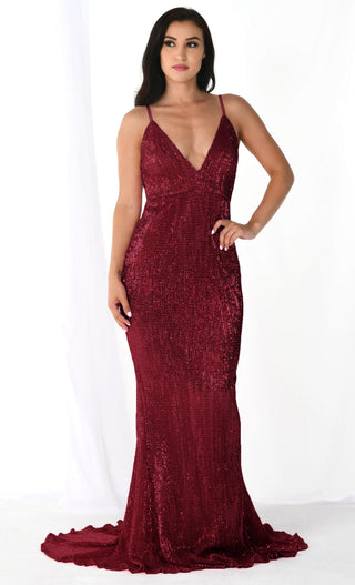 Fire and Ice Red Sequin Sleeveless Spaghetti Strap Plunge V Neck Backless Mermaid Maxi Dress