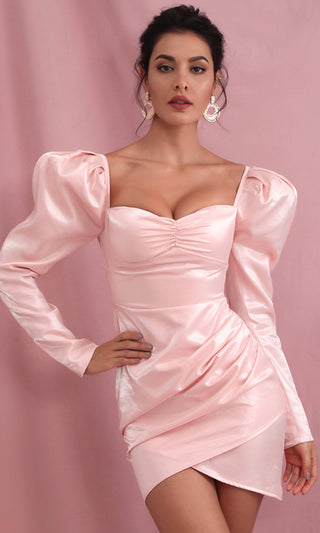 Flashback Friday Light Pink Long Sleeve Puff Shoulder Sweetheart Neck Drape Bodycon Mini Dress