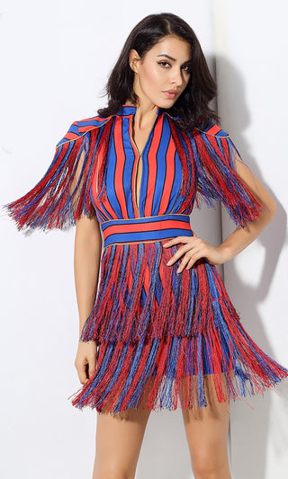 Heart Stopper Red Blue Vertical Stripe Fringe Short Sleeve Mock Neck Mini Dress - Sold Out
