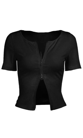 Treasure Me Ribbed Short Sleeve Round Neck Double Zipper Cardigan Top - 2 Colors Available