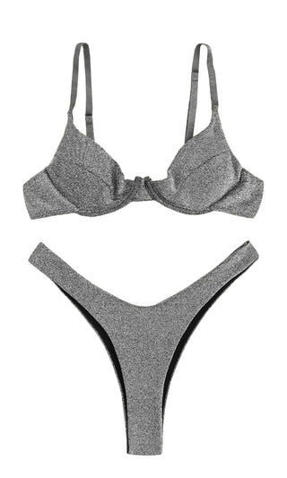 Sparkle In The Sun Dark Grey Silver Glitter Sleeveless V Neck Push Up Bra  Top High Cut Two Piece Bikini Swimsuit – Indie XO