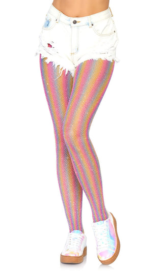 So Much Pride<br><span> Lurex Rainbow Stripe Pattern Fishnet Mesh Tights Stockings Hosiery </span>