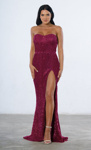Show Me Some Love <br><span>Burgundy Wine Red Sequin Strapless Sweetheart Neck High Slit Fishtail Maxi Dress</span>