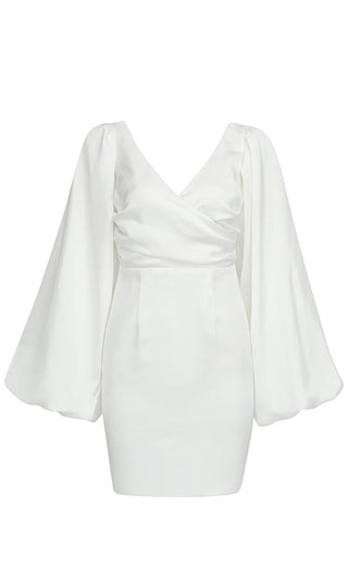 Genuine Love White Satin Long Lantern Sleeve Off The Shoulder Sweetheart Neck Cross Front Bodycon Mini Dress