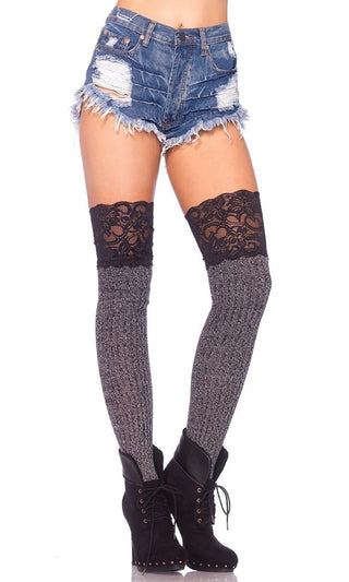 Stop Staring <br><span>Grey Black Ribbed Lace Trim Over The Knee Slouch Socks</span>
