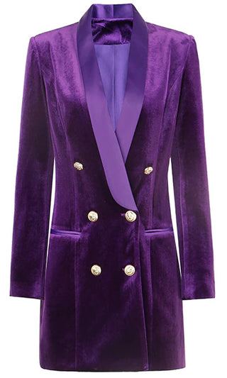 Royal Highness <br><span>Purple Velvet Long Sleeve Satin Lapel Gold Button Double Breasted Blazer Jacket Mini Dress</span>
