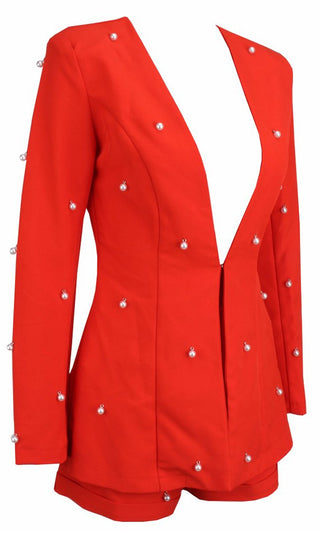 Pearly Perfection Red Long Sleeve Faux Pearl Blazer Romper Short Two Piece Set