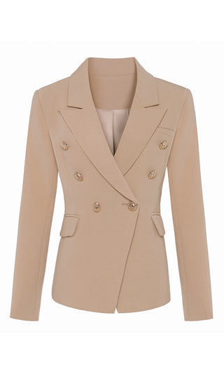 Ready To Work Beige Long Sleeve Peaked Lapels Double Breasted Gold Button Blazer Jacket Outerwear