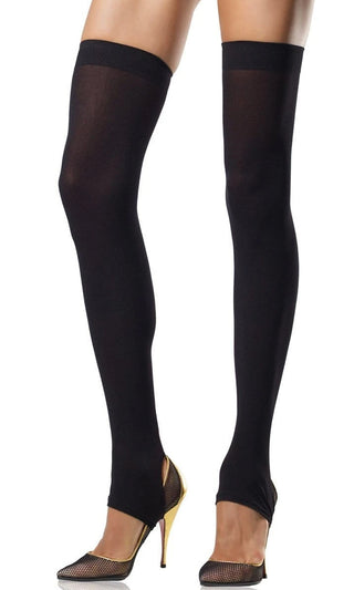 You Deserve It <br><span>Black Opaque Stirrup Thigh High Stockings Tights Hosiery</span>
