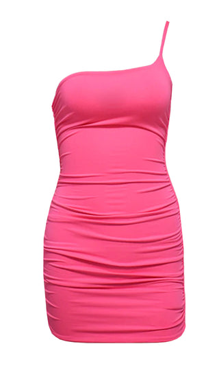 Bright Night Fuchsia Pink Sleeveless Spaghetti Strap One Shoulder Ruched Bodycon Mini Dress