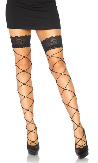 Crystal Kisses <br><span>Black Sheer Wide Fishnet Mesh Crystal Lace Thigh High Stockings Tights Hosiery</span>