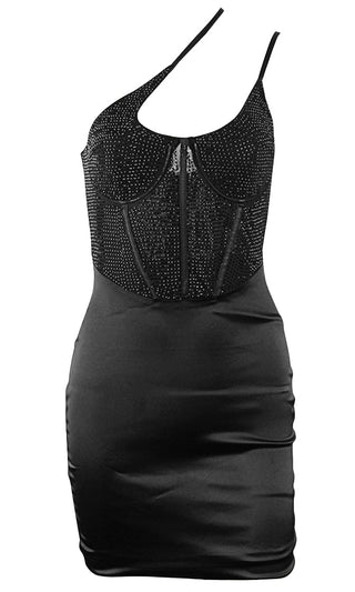 Art Of Seduction Black One Shoulder Cut Out Sleeveless Rhinestone Boned Satin Bodycon Mini Dress