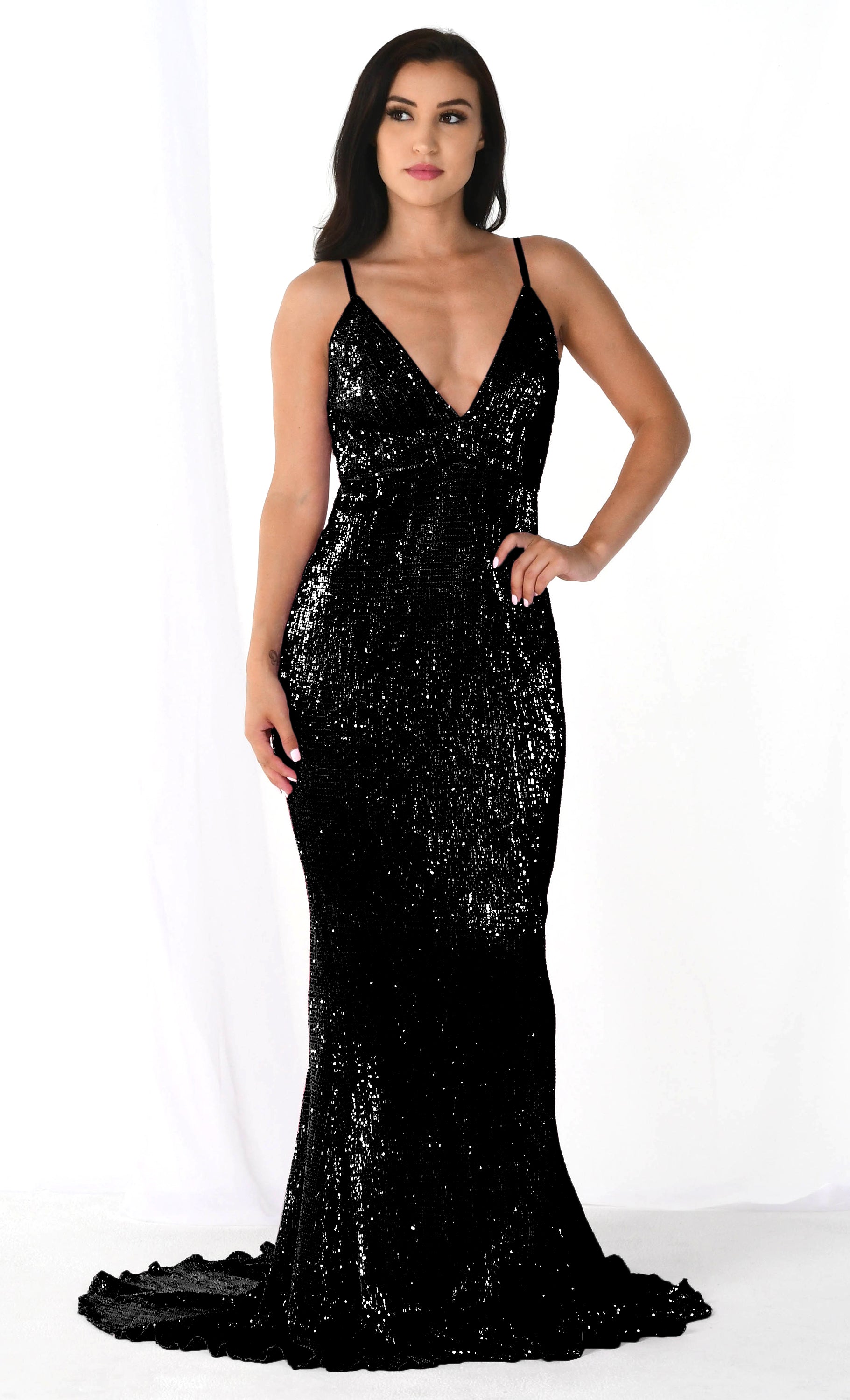 Fire and Ice Black Sequin Sleeveless Spaghetti Strap Plunge V Neck Bac ...