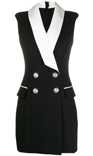 Wear Your Tux Black White Contrast Lapel Button V Neck Double Breasted Tuxedo Sleeveless Mini Dress