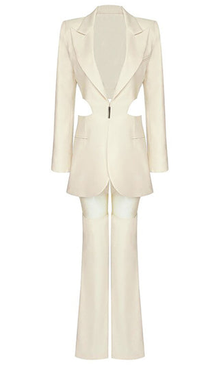 Cutting Edge <br><span>Beige Long Sleeve Side Cut Out Blazer Jacket Sheer Mesh Pant Two Piece Jumpsuit Set</span>