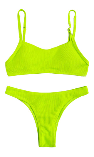 Faster Than Fire <br><span>  Neon Green Ribbed Spaghetti Strap Scoop Neck Crop Top Brazilian Two Piece Bikini Swimsuit</span>