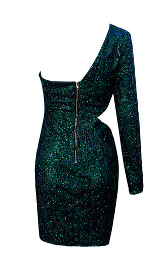 Zest For Life Teal Glitter Long Sleeve One Shoulder Cut Out Side Wrap Tulip Bodycon Mini Dress