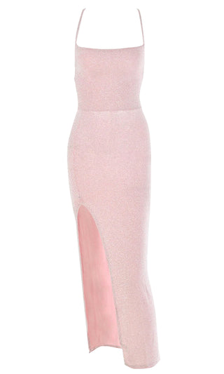 Cold Stare Pink Glitter Sparkle Sleeveless Crisscross Spaghetti Strap Square Neck Backless High Slit Bodycon Maxi Dress