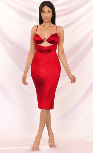 Stand Up Red Satin Sleeveless Spaghetti Strap V Neck Cut Out Waist Bodycon Midi Dress