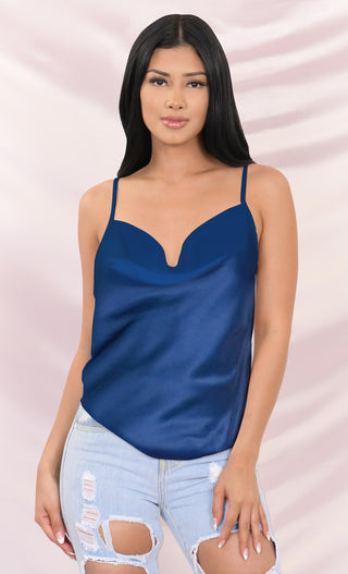Women Cowl Neck Silky Cami Tank Top Soft Summer Strappy Camisole Crop Top(Navy,S)  