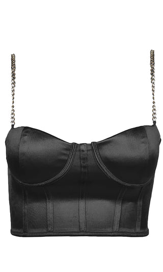 Take It Off Black Satin Sleeveless Chain Strap Padded Bustier Crop Tank Top