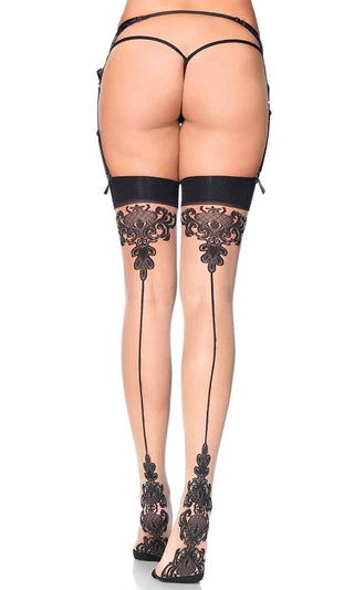 Lost For You <br><span>Nude Black Sheer Baroque Lace Cuban Heel Back Seam Thigh High Stockings Tights Hosiery</span>