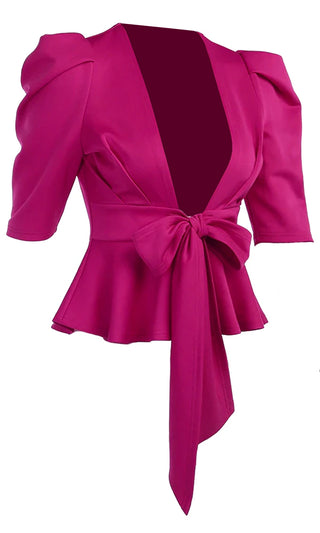 Controlling Forces Fuchsia Pink Elbow Sleeve Plunge V Neck Tie Waist Flared Blouse Top
