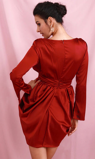 Girl Crush Burgundy Red Satin Shoulder Pad Long Sleeve Plunge V Neck Drape Split Sash Mini Dress
