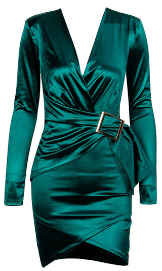 All Legs Emerald <br><span>Green Satin Long Sleeve Cross Wrap V Neck Buckle Bodycon Mini Dress</span>