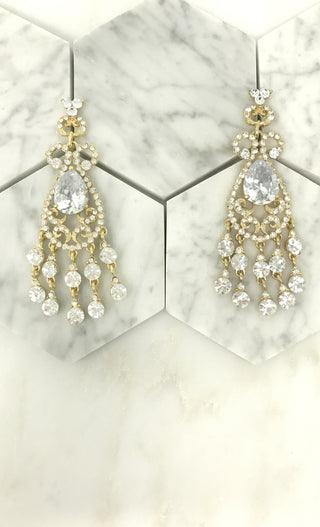 Indie XO Taj Mahal Gold Plated Swarovski Crystal Rhinestone Fringe Chandelier Earrings