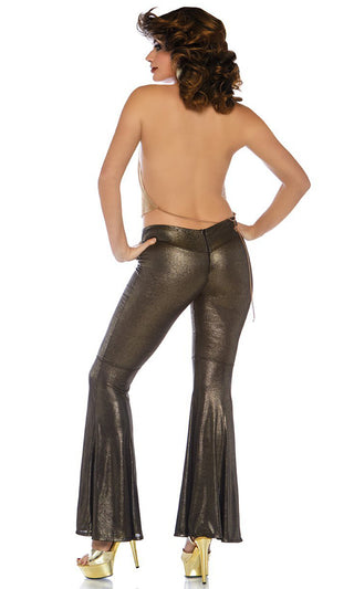 Disco Dance Party <br><span>Gold Sleeveless Spaghetti Strap Drape V Neck Backless Chain Top Flare Leg Pant Two Piece Jumpsuit Halloween Costume</span>