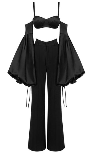 Street Cred<br><span> Black Satin Long Puff Sleeve Off The Shoulder Bra Top High Waist Wide Leg Pant Two Piece Jumpsuit Set</span>