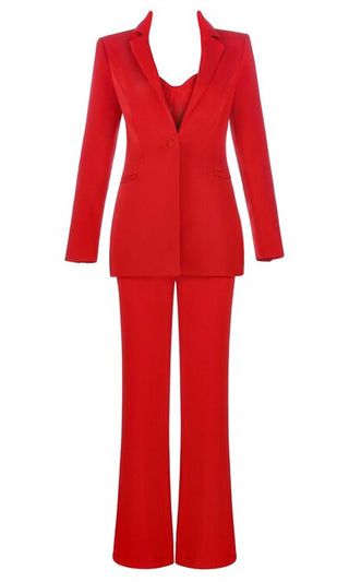 Skip A Beat Red Long Sleeve Blazer Jacket Sheer Mesh Bustier Flare Leg Jumpsuit Two Piece Set