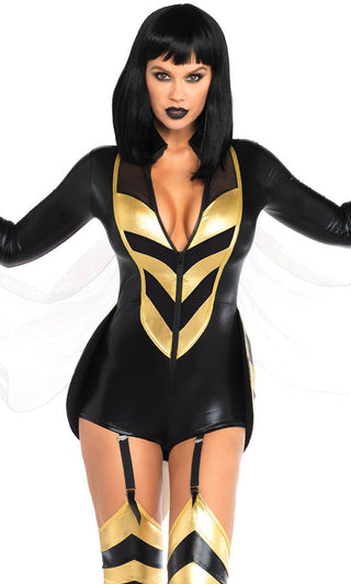 Honey Bee <br><span>Black Gold Stripe Pattern Wet Look Long Sleeve Zipper Bodycon Romper Playsuit Halloween Costume</span>