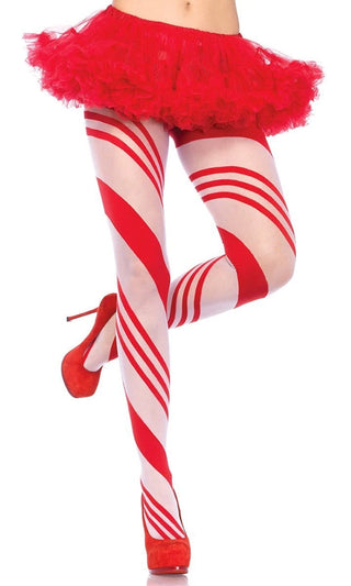 Christmas Present<br><span> Red White Candy Cane Stripe Pattern Tights Stockings Hosiery</span>