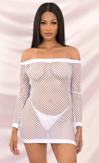 You Bet Fishnet Black Mesh Beach Cover Up Cut Out Long Sleeve Off The Shoulder Bodycon Casual Mini Dress