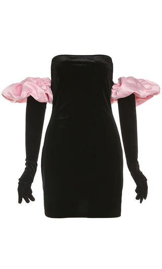 All Puffed Up Black Velvet Strapless Straight Neck Long Sleeve Gloves Contrast Puffs Bodycon Mini Ddress