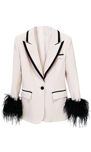 Having It All <br><span> Nude Pink Long Sleeve Notched Lapel Feather Cuff Blazer Jacket Outerwear</span>
