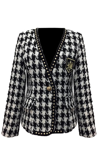 Classic Runway Black White Houndstooth Pattern Tweed Gold Button Double Breasted Blazer Jacket Outerwear