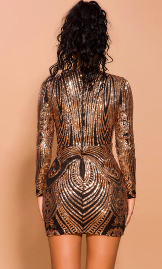 All A-Glitter Black Copper Gold Sequin Geometric Pattern Long Sleeve Round Neck Bodycon Mini Dress