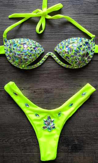 Posh In Paradise <br><span>Neon Green Rhinestone Halter Cut Out Bikini Top Brazilian Two Piece Swimsuit</span>