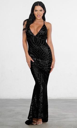 Indie XO Champagne Dreams Black Sequin Geometric Pattern Sleeveless Spaghetti Strap V Neck Mermaid Maxi Dress