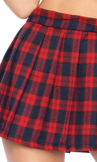 Making The Grade <br><span>White Red Blue Plaid Pattern Short Sleeve Tie Crop Top Pleat Flare A Line Mini Skirt Two Piece Dress Halloween Costume</span>