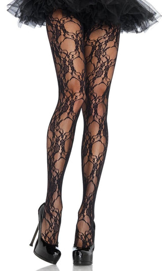 French Flair Black Sheer Lace Floral Pattern Tights Stockings