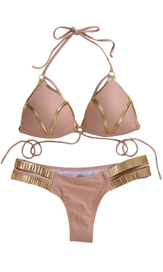 Sunset Romance <br><span> Beige Gold Spaghetti Strap Halter Bra Top Cut Out Two Piece Strappy Bikini Swimsuit </span>