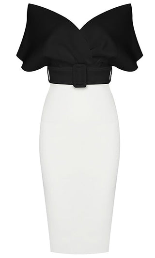 Perfectly Posh White Elbow Sleeve Cross Wrap V Neck Off The Shoulder Belted Bodycon Midi Dress