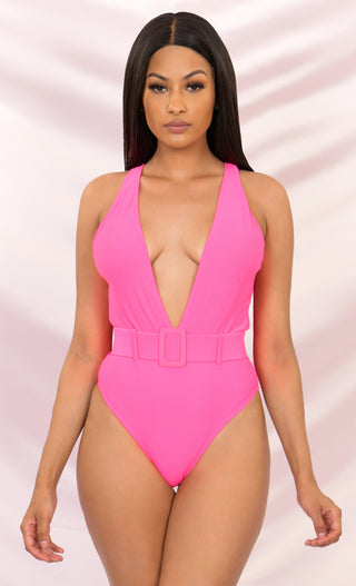 Party In Ibiza <br><span> Pink Sleeveless Plunge V Neck One Piece Swimsuit </span>