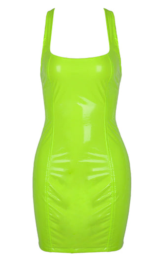 Turn Up Tonight Neon Green PU Patent Faux Leather Sleeveless Scoop Neck Racerback Bodycon Mini Dress