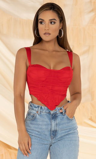 All The Glitz <br><span>Red Satin Sheer Mesh Ruched Sleeveless Sweetheart Neckline Bustier Corset Bandana Triangle Crop Top</span>