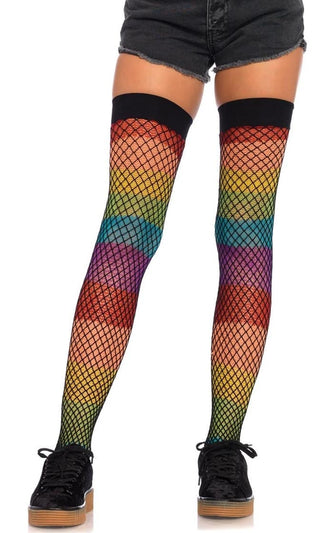 Electric Attitude<br><span> Multicolor Rainbow Horizontal Stripe Pattern Fishnet Thigh High Stockings Tights Hosiery</span>